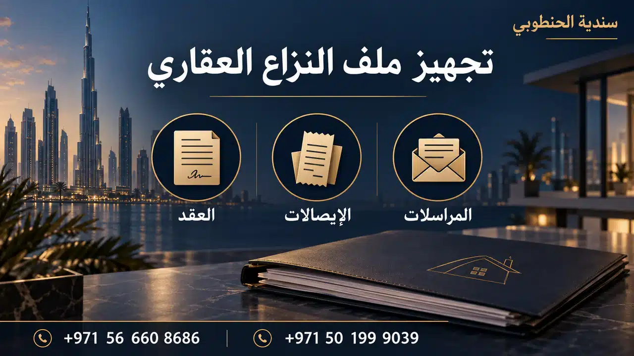 رسم توضيحي للعقد والإيصالات والمراسلات لتجهيز ملف نزاع عقاري