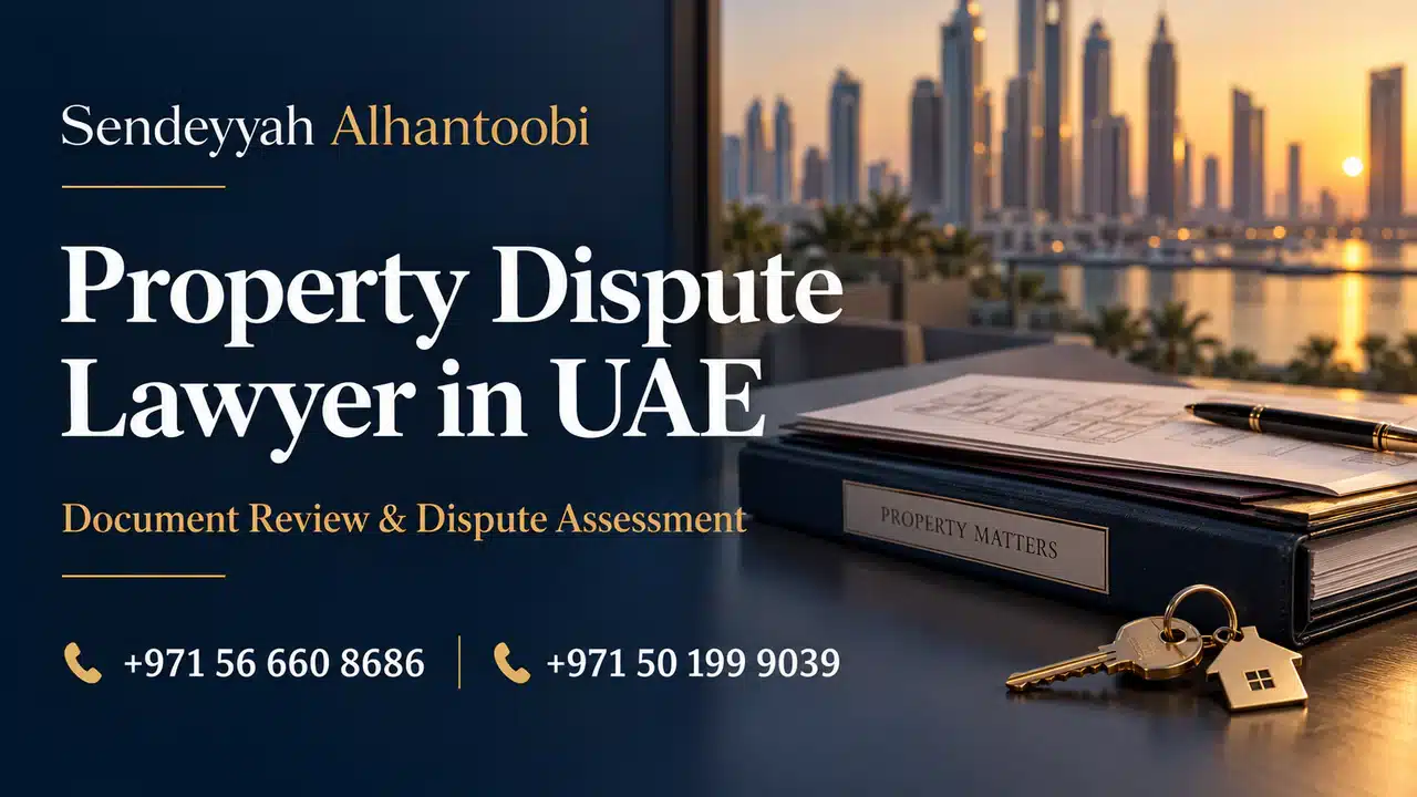 Property disputes in UAE — illustrated case folder and key with a headline and office contact numbers