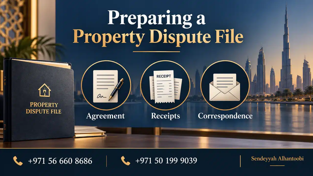 Illustration of an agreement, receipts and correspondence for a property dispute file
