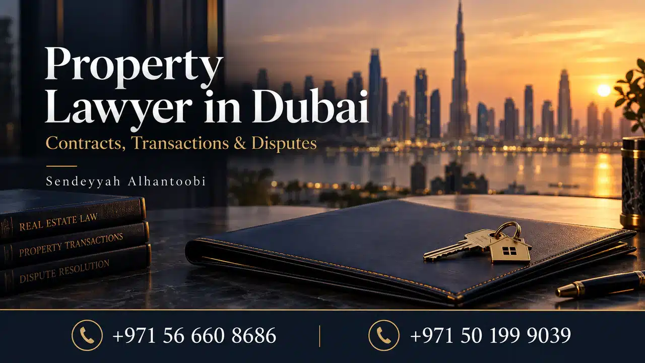Real estate lawyer in Dubai — cover showing a property folder, key and Dubai skyline with the firm’s contact numbers