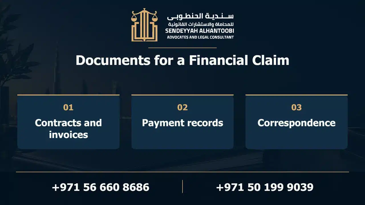 Financial claim documents: contracts and invoices, payment records and correspondence, with the firm logo and contact numbers