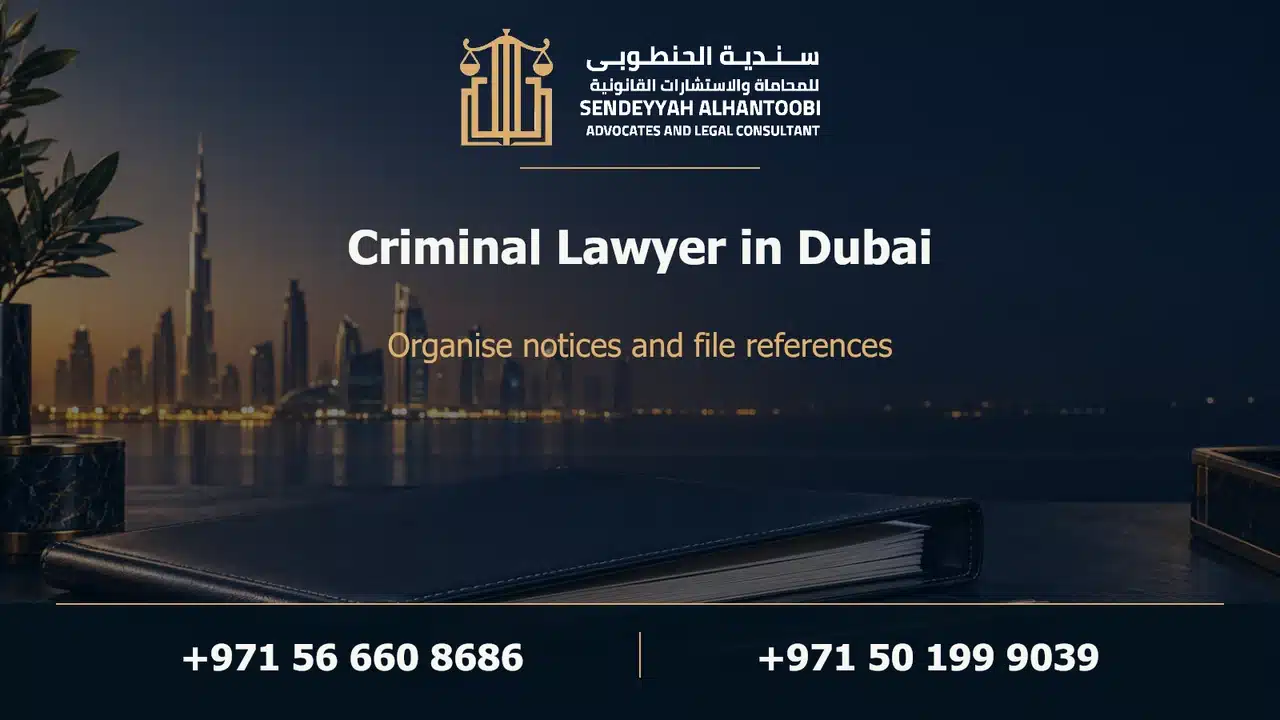 Cover titled Criminal Lawyer in Dubai, showing a folder on a dark navy desk with the Dubai skyline behind it.