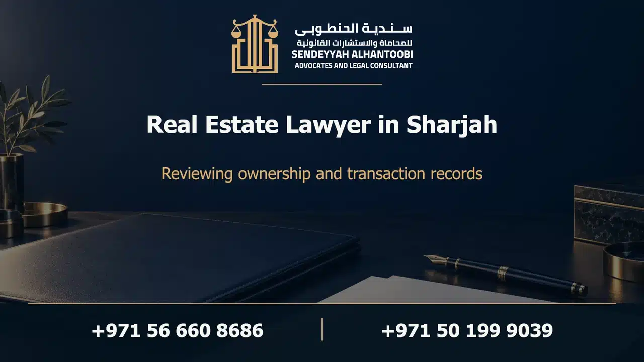 Blue branded cover titled “Real Estate Lawyer in Sharjah” with the firm’s original logo